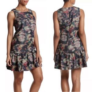Nicole Miller New York 2 Ruffle Hem Abstract Glitter Floral Pattern Dress